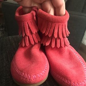 Minnetonka pink suede boots for little girl.